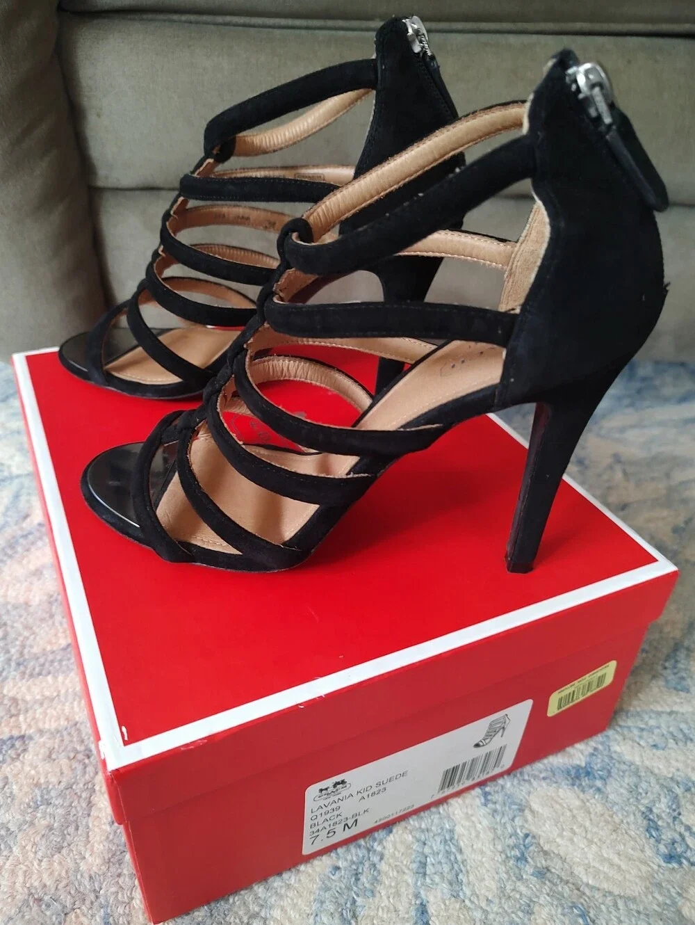 Women's Coach Black Suede Strappy Sandals Size 7.5 With Box